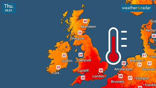 Map of the UK and Ireland showing forecast temperatures for Thursday 9 July, with London at 33°C and Cardiff at 29°C in deep red across southern England, fading to orange further north with Aberdeen at 20°C; a thermometer icon sits centrally, with western Europe including Amsterdam at 25°C and Brussels at 28°C visible to the east.