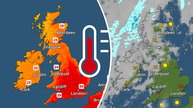 Split weather graphic showing a UK temperature map on the left with temperatures reaching 33°C near London and a thermometer icon, alongside a satellite map on the right with sunshine across much of England, scattered showers over Scotland, and temperatures around 19–30°C.