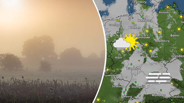 inks: Nebelverhangene Wiese mit Bäumen im Morgengrauen, durch die der Sonnenschein schimmert. Rechts: WetterRadar-Karte zeigt verbreitet freundliches Wetter mit einzelnen Nebel- und Hochnebelfeldern im Süden – Sonne-Wolke-Symbol und Nebelsymbole markieren die Regionen.