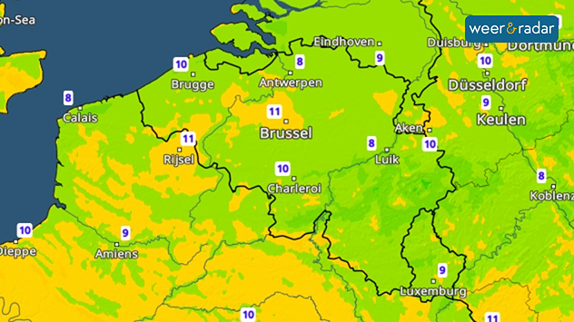 De TemperatuurRadar van België toont 8 tot 11 graden boven land.