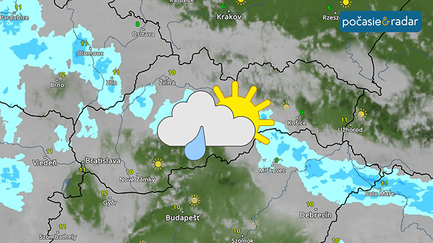 Snímka meteoradaru so symbolom oblačna a kvapky dažďa.