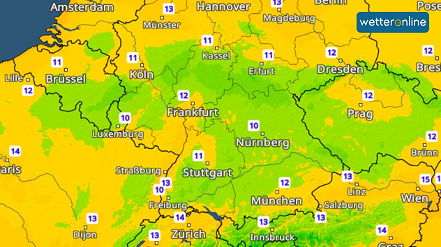 Wetterkarte mit den Tiefsttemperaturen in Deutschland und angrenzenden Regionen. Die Frühwerte liegen meist zwischen 10 und 13 Grad, in höheren Lagen und einigen Mittelgebirgsregionen örtlich etwas darunter. Besonders frisch ist es mit rund 10 Grad im Raum Luxemburg, Freiburg und Nürnberg. Die grün eingefärbten Bereiche kennzeichnen kühlere Regionen, während gelb-orange Farbtöne etwas mildere Nächte anzeigen. Insgesamt verläuft die Nacht in Deutschland überwiegend kühl bis mäßig mild.