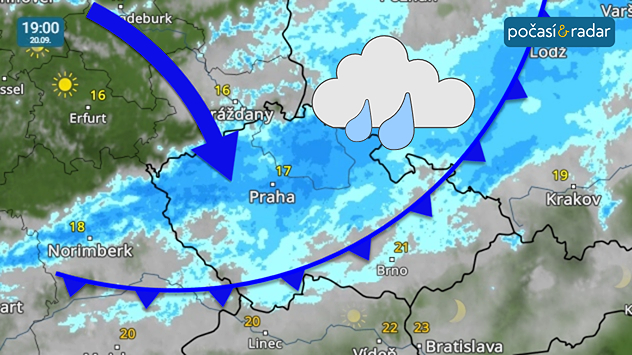 Meteoradar, screenshot, 20. září 19:00: V neděli přes Česko od severozápadu přechází studená fronta, která k nám otevře cestu chladnějšímu vzduchu.