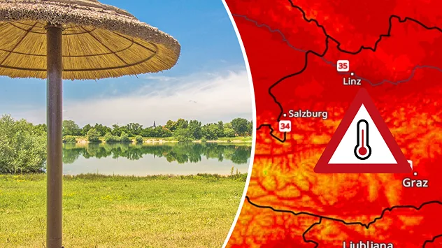 Sonnenschirm an einem Badesee neben einer rot eingefärbten Österreichkarte mit Temperaturen bis 35 Grad und Hitzewarnsymbol.