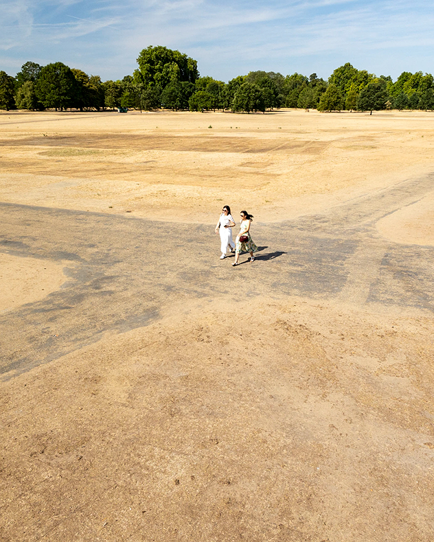 Two people walk across a vast expanse of dry yellow-brown grassland under a blue sky, with green trees lining the distant edge.
