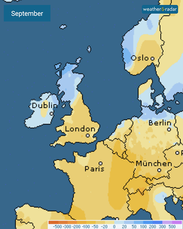 September rainfall anomaly map showing wetter blue areas across Scotland and Ireland, with drier yellow regions over England, France, and Germany.