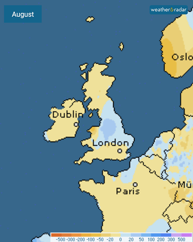 August rainfall anomaly map showing below-average rainfall across Ireland, Scotland, and France, with wetter blue areas over central and eastern England.