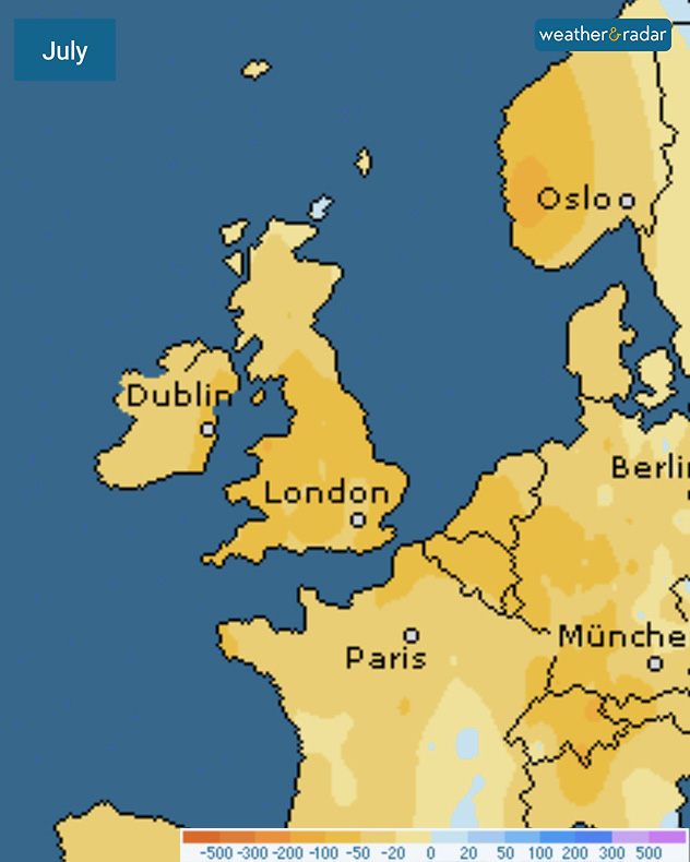 July rainfall anomaly map showing yellow and orange areas across the UK, Ireland and western Europe, indicating below-average rainfall on the colour scale.
