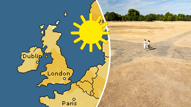 Split graphic showing yellow rainfall deficit areas across the UK and Ireland beside a dry, parched landscape with two people walking.