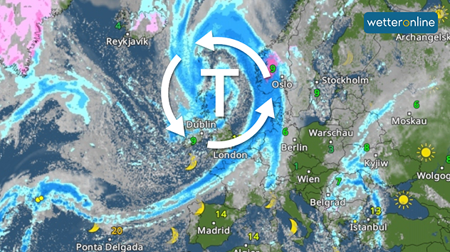 WetterRadar für Samstag mit riesiger Tiefdruckspirale