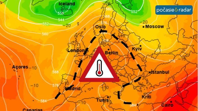 Synoptická mapa Európy s teplotou a geopotenciálnou výškou v hladine 500 hPa, na ktorej je vyznačený omega blok nad Európou