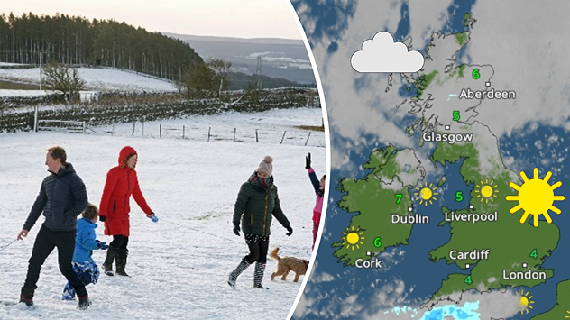 Split image showing a family and children playing and sledding on a snowy field with winter hills on the left, and a UK weather forecast map on the right with sun and cloud icons, city temperatures, and cloud cover over northern Scotland, divided by a curved white line.