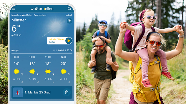 Links: Die WetterOnline App mit dem WetterRadar für den 1. Mai. Rechts: Eltern, die ihre beiden Kinder beim Wandern auf den Schultern tragen. 