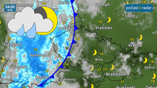 Meteoradar, screenshot, 2. 9. 4:00: Zvlněná studená fronta začne od západu postupovat přes Česko během noci na úterý.