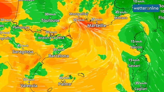 Wetterkarte mit starken Windfeldern über Südfrankreich und Nordostspanien, Spitzenböen um Marseille.