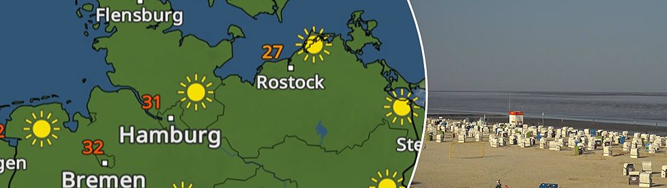 Wetterkarte mit Sonne und Temperaturen: 27â¯Â°C in Rostock, 31â¯Â°C in Hamburg, 32â¯Â°C in Bremen. Daneben ein sonniger Strand mit StrandkÃ¶rben und ruhigem Meer. (c) https://www.feratel.com/