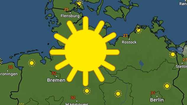Wetterkarte mit durchgehendem Sonnensymbol und Höchstwerten bis 32 °C im Norden Deutschlands – u.a. Bremen, Hannover, Rostock, Flensburg.