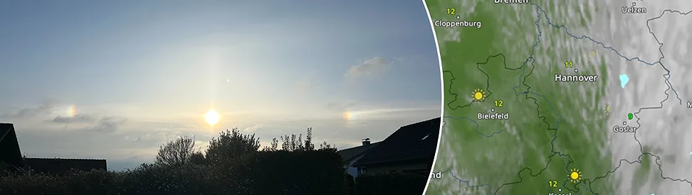 Geteilte Grafik: links Himmel mit zwei Nebensonnen neben der Sonne in Steinheim, aufgenommen am 14. April 2026, rechts eine WetterRadar-Karte von Deutschland.