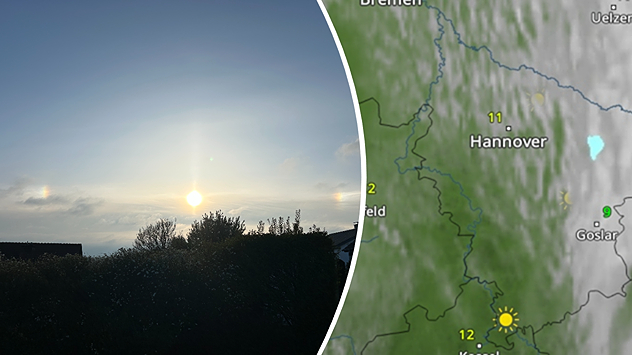 Geteilte Grafik: links Himmel mit zwei Nebensonnen neben der Sonne in Steinheim, aufgenommen am 14. April 2026, rechts eine WetterRadar-Karte von Deutschland.