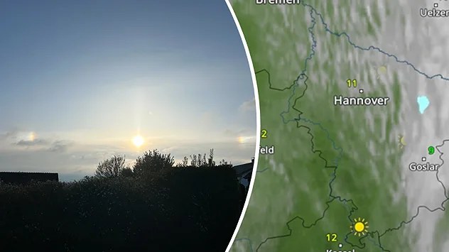 Geteilte Grafik: links Himmel mit zwei Nebensonnen neben der Sonne in Steinheim, aufgenommen am 14. April 2026, rechts eine WetterRadar-Karte von Deutschland.