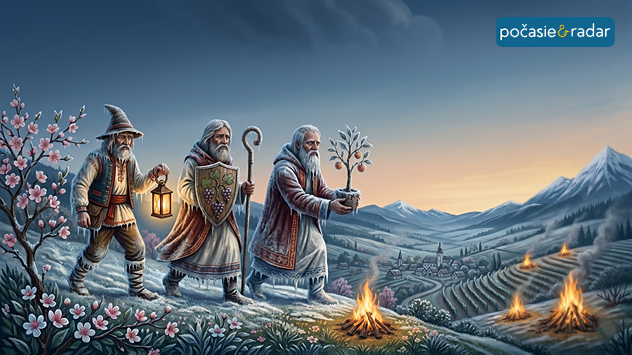 Ilustrácia troch ľadových mužov prichádzajúcich do jarnej krajiny s kvetmi, mrazom a chladným počasím