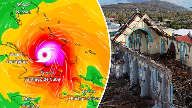 Radar de viento con huracán y foto de una iglesia destruida en Jamaica