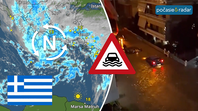 Vľavo je na meteorologickej mape vidieť veľkú oblasť dažďa nad Gréckom. Vpravo je vidieť nočnú cestu so stojatou povodňovou vodou. Autá opatrne prechádzajú cez zaplavenú vozovku.