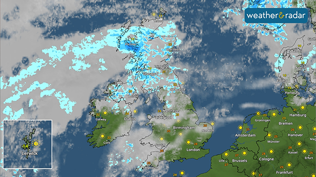Weather map showing scattered rainfall in Scotland and Northern Ireland. Mix of clouds and sun elsewhere with highs in the upper-20s in south-east England.