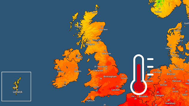 Temperature radar showing the UK and Ireland. A red thermometer is seen next to southern England where highs in the upper-20s can be seen.