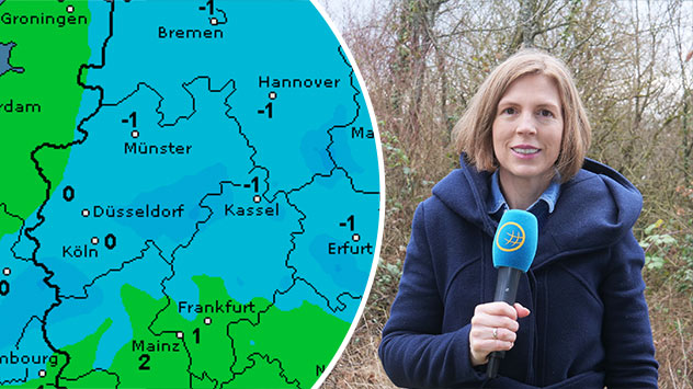 rechts eine Meteorologin, links Temperaturvorhersage mit Werten um 0 Grad für Samstag