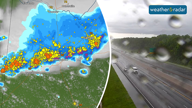 A MCS impacts Alabama with traffic cameras showing rainfall and storm clouds along I-20.