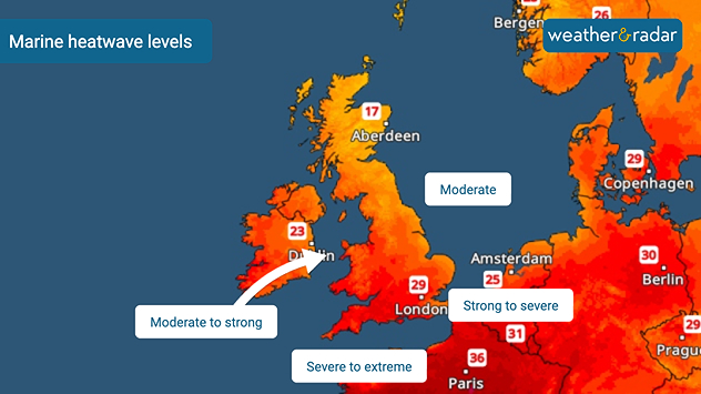 Marine heatwave map showing waters around the UK and Ireland alongside nearby Europe, with sea heatwave levels ranging from around northern Britain to moderate to strong west of Ireland, severe to extreme in the English Channel, and strong to severe in the southern North Sea.