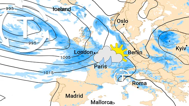 Europa-Wetterkarte mit Tiefdruckgebieten westlich und südlich von Deutschland. Regenwolken ziehen über Teile Deutschlands und Mitteleuropas hinweg.
