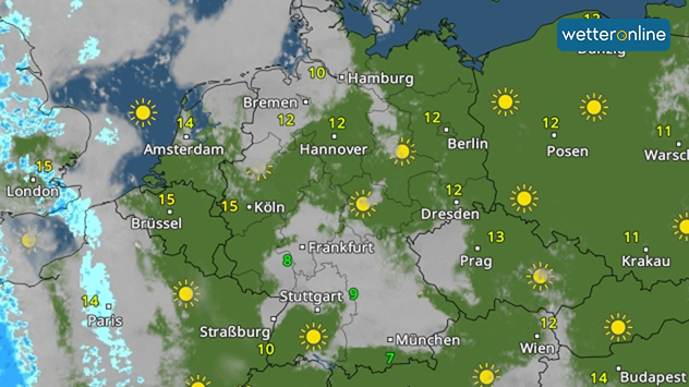 Wetterkarte mit Sonne über Mitteleuropa und Wolken im Westen.