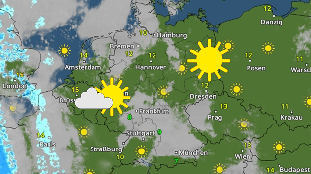 Wetterkarte mit Sonne über Mitteleuropa und Wolken im Westen.