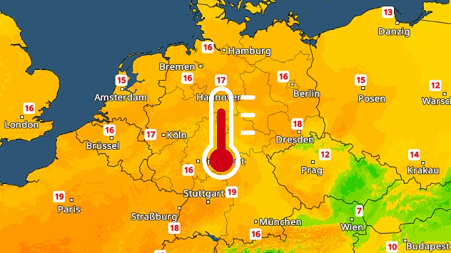 TemperaturRadar mit den Höchstwerten für Donnerstag