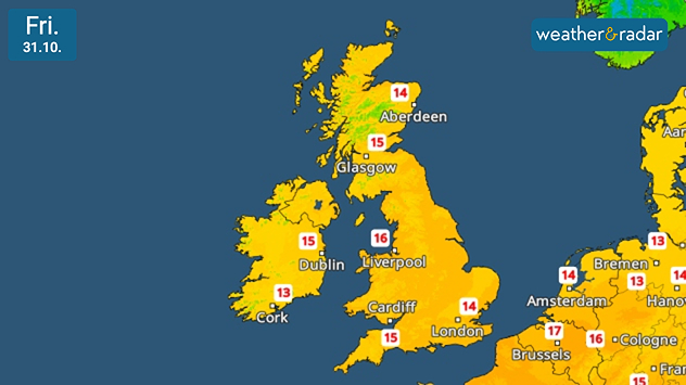 Weather map of the UK and Ireland for Friday, 31 October, showing temperatures across the region. Most areas are shaded in yellow and orange, indicating mild conditions, with temperatures ranging from 13°C in Cork to 16°C in Liverpool. Cooler temperatures of 14°C are shown in Aberdeen and London.