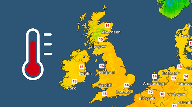 Weather map of the UK and Ireland for Friday, 31 October, showing temperatures across the region. Most areas are shaded in yellow and orange, indicating mild conditions, with temperatures ranging from 13°C in Cork to 16°C in Liverpool. Cooler temperatures of 14°C are shown in Aberdeen and London. A warm thermometer icon seen to the left.