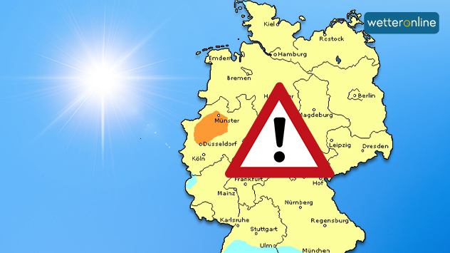 Deutschlandkarte mit Sonnensymbol und farblich hervorgehobener Ozonwarnstufe in NRW, besonders rund um Münster. Rotes Warndreieck mit Ausrufezeichen in der Mitte.