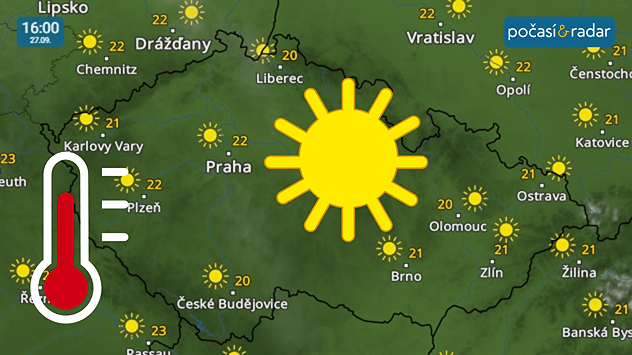 Meteoradar, screenshot, 27. září 16:00: Víkend do Česka přinese slunečné a během dne příjemně teplé počasí.