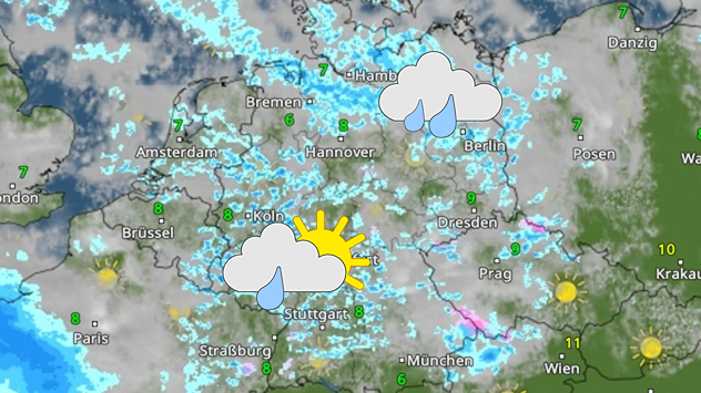 WetterRadar zeigt Schauer am Mittwochmittag