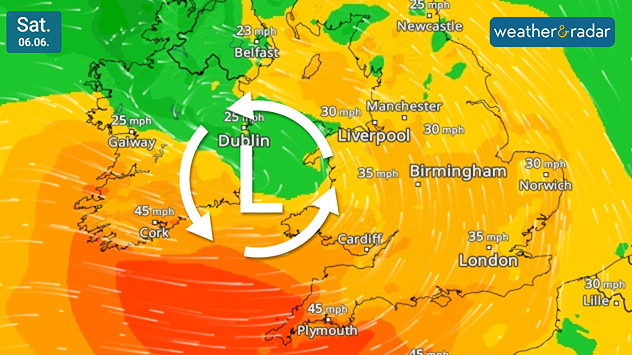 Wind forecast map of the UK and Ireland on Saturday 06.06 showing a low-pressure system centered near the Irish Sea, widespread orange wind zones, airflow streamlines, and gusts reaching 45 mph in southwest UK and southern Ireland.