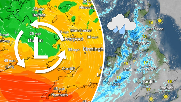 Split weather graphic showing a low-pressure wind system over Ireland and the UK on the left with gusts up to 45 mph, and a satellite map on the right displaying widespread showers and rain bands moving across the UK and Ireland.