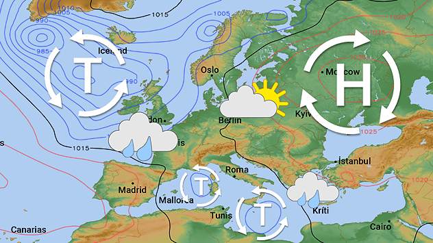 Europäische Wetterkarte mit Tiefdruckgebieten, Hochdruckzone und Wolken-/Regensymbolen. Mitteleuropa teils freundlich, im Westen und Süden wechselhaft.