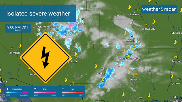 Isolated severe storms are possible in the southenr Plains and southern Rockies tonight.