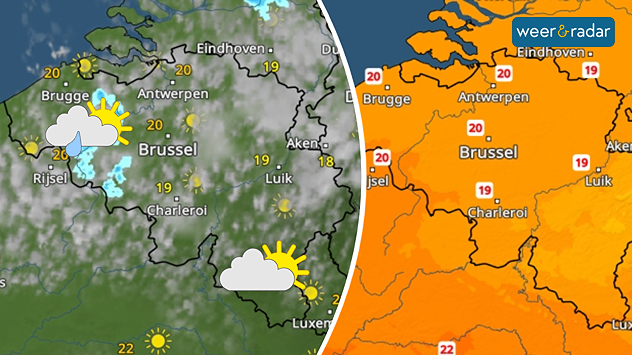 Links de WeerRadar met in het westen nog een bui, dat symbool is ingetekend. In het zuidoosten droog en wat zon, dat symbool is ingetekend. Rechts de TemperatuurRadar met 18 tot 20 graden.