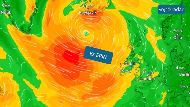 VindRadarkort viser Ex-ERIN vest for Irland med kraftige vinde og tæt lavtryk over Atlanterhavet.