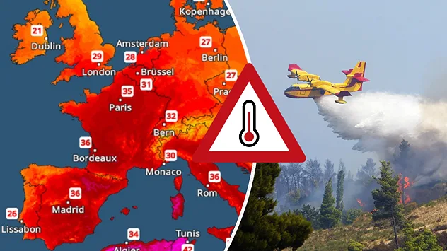 Collage mit TemperaturRadar für Europa und einem Löschflugzeug im Einsatz über einem Waldbrand. Im Mittelpunkt warnt ein Hitzesymbol vor den anhaltend hohen Temperaturen.