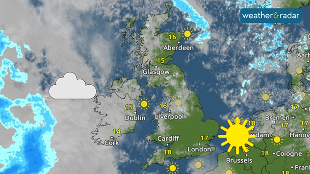 Weather map of the UK and Ireland showing clear sunny skies for much of central to eastern England. Mixed cloud cover elsewhere, including completely overcast skies across Ireland.