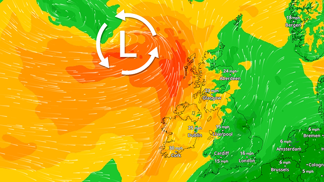 Wind map of the UK and Ireland, framed to show the Atlantic Ocean where an icon indicates the location of a low-pressure system west of the UK.